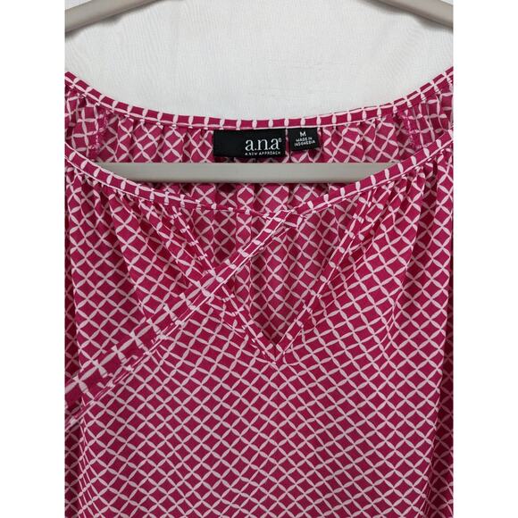 ANA Tunic Blouse M Pink Printed Hi Low V Split Neck Tie Front Office Relaxed Fit - Picture 3 of 12